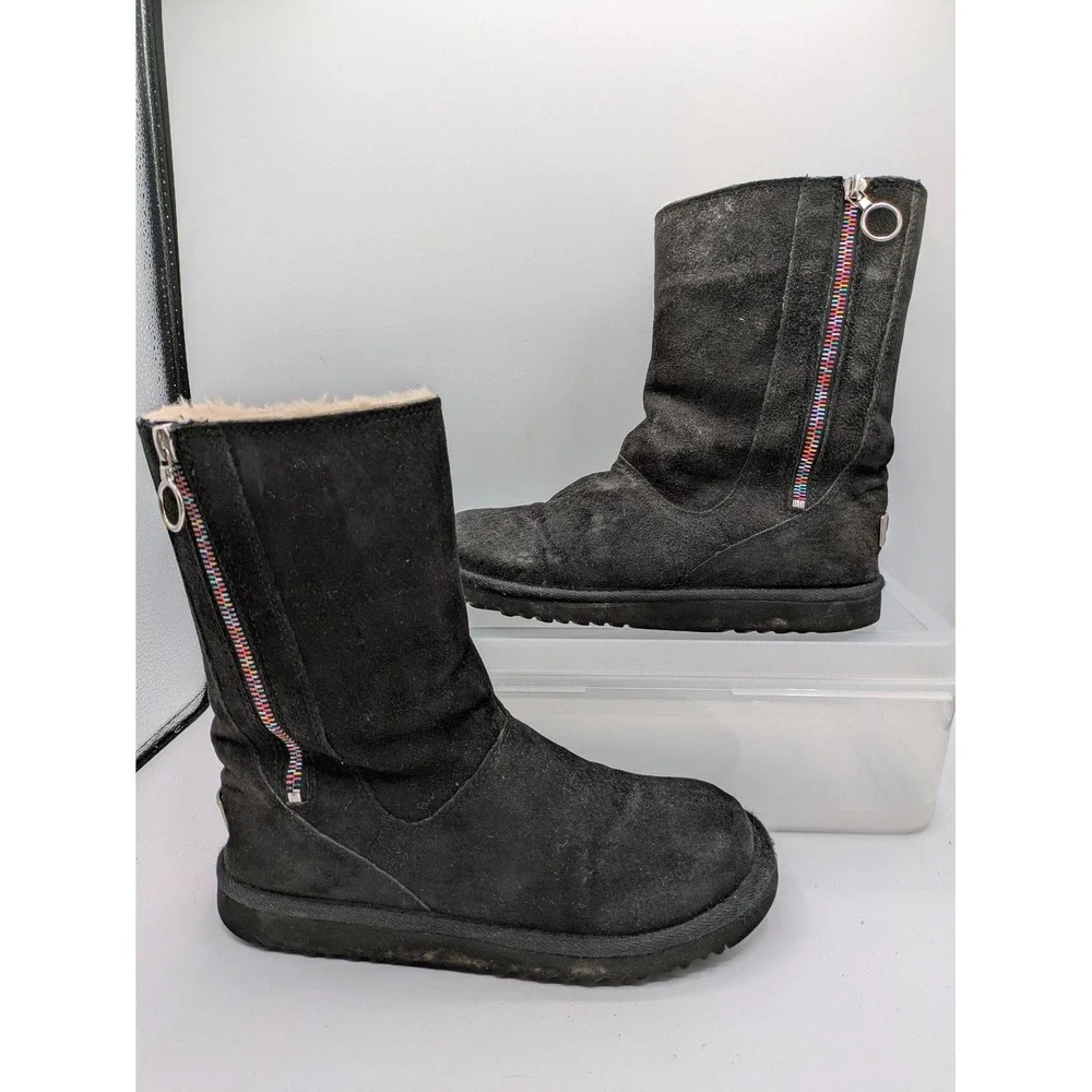 UGG Australia Boots Kids Size 4 Black Suede Shearling Zip Mid Calf Winter